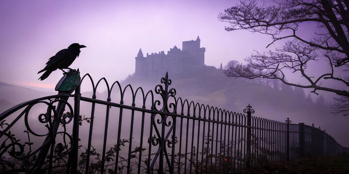 Black raven perching on a wrought iron fence in front of a spooky castle shrouded in fog at twilight, creating a mysterious and evocative halloween scene
