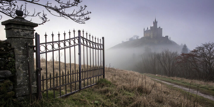 Open wrought iron gate framing hohenzollern castle, shrouded in autumn fog at dusk, creates a captivating and mysterious atmosphere, inviting exploration of the enchanting landscape