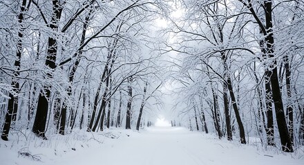 Naklejka premium Snow covered forest path leading into a bright winter landscape