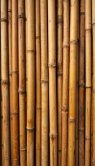 Naklejka premium Close-up of rustic bamboo fence with natural texture in warm earthy tones. This woven material features vertical lines, segmented nodes, showcasing organic craftsmanship, natural design elements.