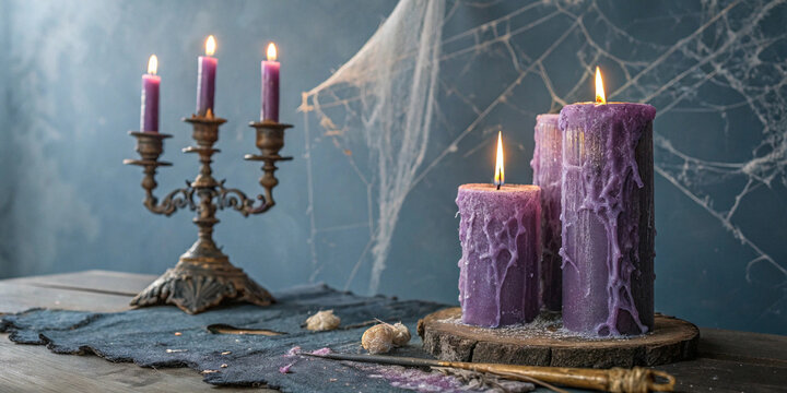Purple candles are burning on a wooden table with a vintage candelabra and spider web backdrop, setting a spooky and atmospheric scene for halloween celebrations or gothic themed events