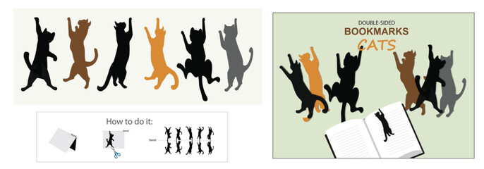 Cats silhouette double-sided (or single-sided by wish) bookmark isolated set to print and cut out. Also picture for a wrapping gift envelope with ready-made bookmarks and instruction on how to do it.