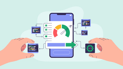 developer's hands optimizing app with performance gauge vector illustration