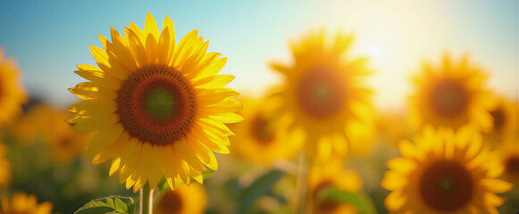 Fototapeta premium Summer warmth: radiant blooming sunflowers against a clear blue sky with golden hour lighting, macro lens capturing intricate petal textures and dew droplets, shallow depth of field emphasizing the vi