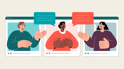 diverse speakers in a video conference call vector illustration, virtual webinar and online communication
