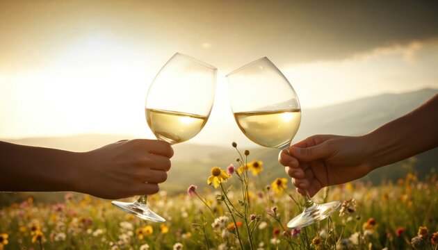 Two hands clink wine glasses filled with white wine in sunlit flower meadow. Couple celebrates summer outdoors with picnic tradition. Toasting with beverages in beautiful greenery.