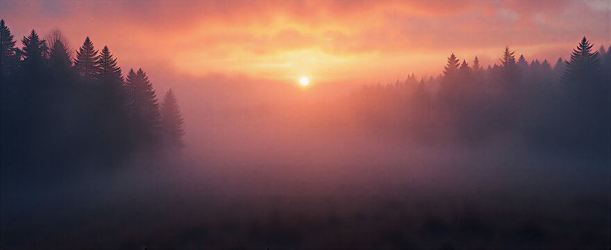 Subtle mist envelops a mist-shrouded forest landscape, casting ethereal shadows and softening the edges of the trees. Dramatic overhead lighting in shades of orange and purple simulates a dramatic sun