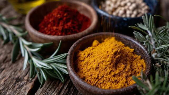Discover a vibrant culinary scene with close-up views of spices in clay bowls, featuring red chili powder, yellow curry, cumin, herbs, and olive oil.