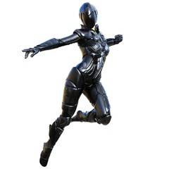 3D render of a futuristic female warrior in a sleek silver metallic armored suit, isolated on transparent background
