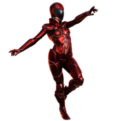 3D render of a futuristic female warrior in a sleek red metallic armored suit, isolated on transparent background