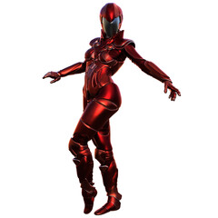 3D render of a futuristic female warrior in a sleek red metallic armored suit, isolated on transparent background