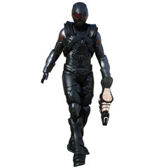 3D rendered futuristic soldier in a black armored suit, isolated on transparent background
