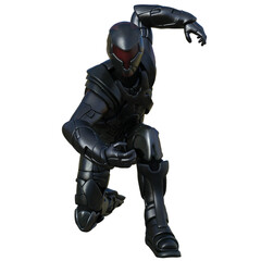 3D rendered futuristic soldier in a black armored suit, isolated on transparent background