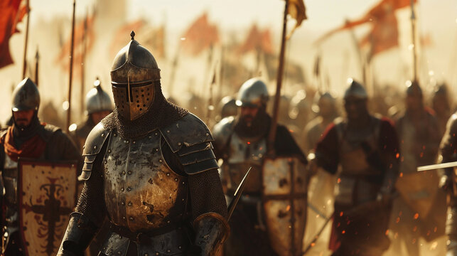 Medieval knights with helmets, armor, shields, swords and banners on battlefield during epic cinematic war of crusaders and templars. Crusades and spanish reconquista