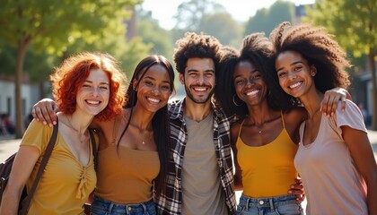 Multicultural group of five young friends joyfully posing outdoors on a sunny day, celebrating unity and youthful energy. Diversity friends