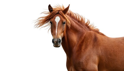 Obraz premium Chestnut horse with flowing mane and white blaze isolated on white background. Elegant equine mammal displays power, speed, and grace. Ideal for equestrian themes, sports, or nature concepts.