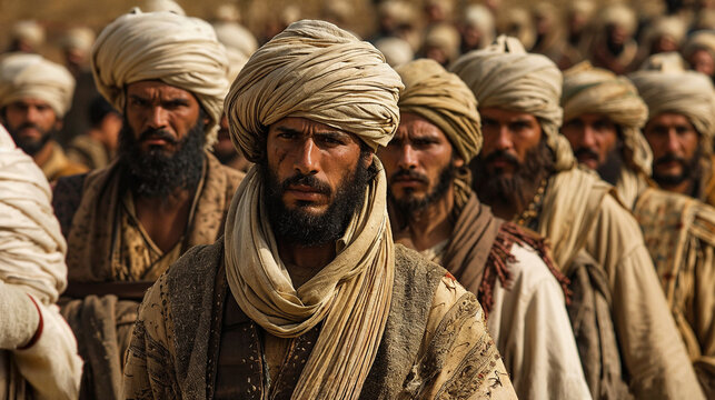 Medieval Islamic warriors in traditional turbans and robes standing in formation, creating a powerful scene of ancient Middle Eastern military forces during historical times.