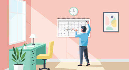 Fototapeta premium Man Marking Important Dates On Calendar In Home Office Space