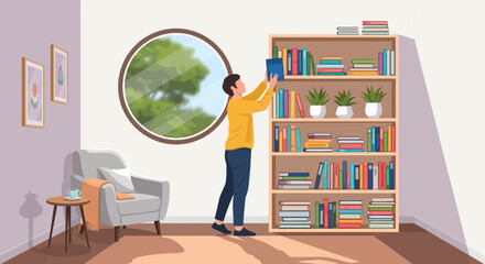 Man Arranging Books In A Cozy Reading Room With Natural Light