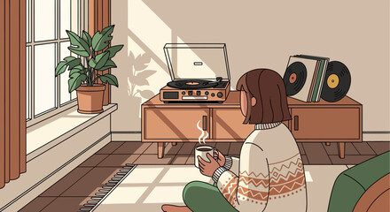 Fototapeta premium Cozy Indoor Scene Featuring Woman Relaxing With Coffee And Vinyl Records