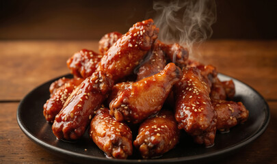 Delicious glazed chicken wings with honey sesame BBQ sauce. Steaming hot, crispy, presented on black plate. Savory dish perfect for dinner eatery, culinary expertise in cooking tasty meal.