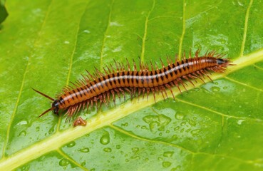 Obraz premium Centipede with orange, black striped body crawls across large, wet green leaf. Multi-legged invertebrate, scientifically known as Scolopendra morsitans, searches for next meal amongst tropical