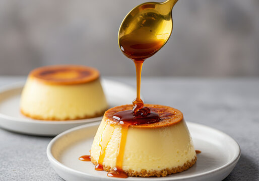 Golden caramel drizzles over creamy custard desserts with a spoon