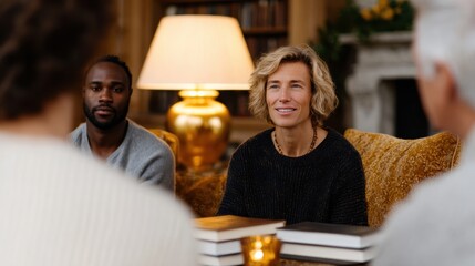 book club gathering, diverse book club members in stylish living room, animated discussion around coffee table stacked with bestsellers, warm ambient lighting, sophisticated literary community