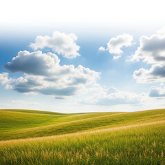 Obraz premium Vast rolling green hills under a bright blue sky with fluffy white clouds isolated on white background