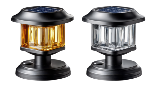 Solar Powered Lamp: Two sleek, contemporary solar-powered lamps stand side-by-side, illuminating their design while showcasing a harmonious blend of sustainability and modern aesthetics.
