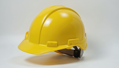 Fototapeta premium Bright yellow hard hat isolated on white. Essential construction safety equipment, hard-wearing helmet provides reliable head protection. Ideal for construction sites, industrial jobs, manual labor,