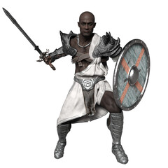Fototapeta premium 3D-rendered fantasy character of a powerful, male warrior wearing sculpted silver armor with dramatic shoulder spikes and a flowing white toga-style garment, isolated on transparent background