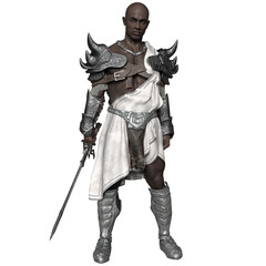 3D-rendered fantasy character of a powerful, male warrior wearing sculpted silver armor with dramatic shoulder spikes and a flowing white toga-style garment, isolated on transparent background