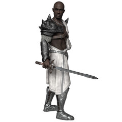 Obraz premium 3D-rendered fantasy character of a powerful, male warrior wearing sculpted silver armor with dramatic shoulder spikes and a flowing white toga-style garment, isolated on transparent background