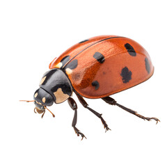 A close-up of a ladybug with a bright red shell and black spots. The insect is shown against a black background, highlighting its features and colors.