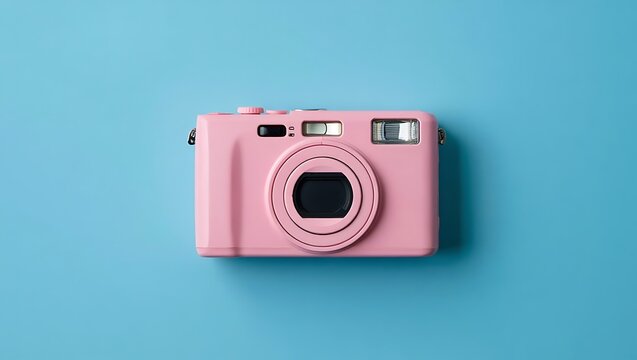 Retro pink digital camera on a bright blue background