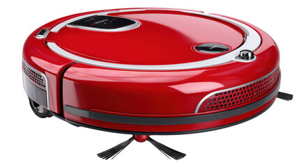 Robotic Vacuum Cleaner in Scarlet: A sleek, crimson-red robotic vacuum cleaner, a futuristic marvel of domestic technology, poised to effortlessly navigate and purify any floor.