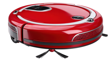 Robotic Vacuum Cleaner in Scarlet: A sleek, crimson-red robotic vacuum cleaner, a futuristic marvel of domestic technology, poised to effortlessly navigate and purify any floor.