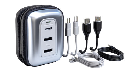 Charging Accessories for Devices: A sleek collection of essential charging accessories, showcasing a power bank and various charging cables, perfect for keeping your devices powered up.