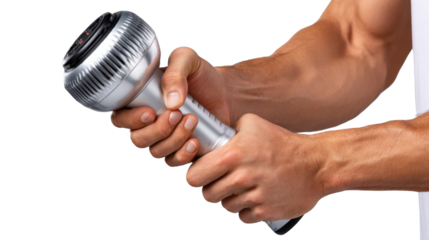 Power in Hand: A close-up view showcases a strong arm firmly grasping a modern, metallic flashlight, illuminating the concept of technological advancement and strength.