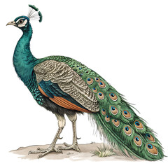 Obraz premium A detailed illustration of a peacock with vibrant green and blue plumage. The bird stands elegantly, showcasing its long, colorful tail feathers.