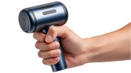 Massage Device: A close-up shot of a hand firmly grasping a handheld massage device, emphasizing the technology and its ergonomic design