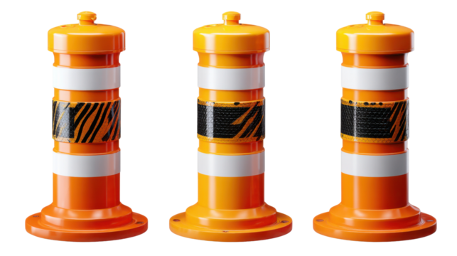Road Barrier: The image captures three vibrant orange and white road barriers, standing tall and proud. These safety sentinels of the road.