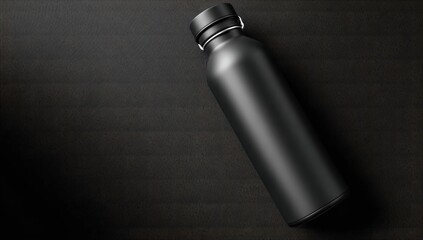Fototapeta premium Matte black insulated water bottle rests on a dark surface, angled slightly to the right, cap showing a metallic ring