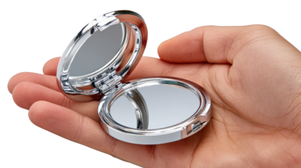 Mirror's Reflection in Hand: A detailed close-up showcases a compact mirror held open within a hand, with the reflective surface of the mirror and the hand's skin textures elegantly contrasted.
