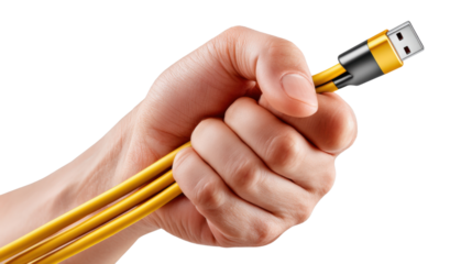 Holding Technology Connection: A person hand firmly grasps a vibrant yellow USB cable, symbolizing the connection and transfer of data, ideas, and technological innovation.