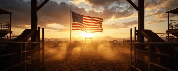 American flag waves at sunset in dusty rodeo arena. Warm light filters through clouds illuminating rustic wooden fence and corrals. Vast, open landscape conveys sense of peace and patriotic tradition.