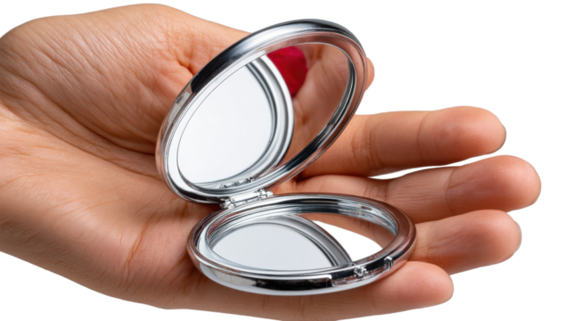 A Mirror's Reflection: A handheld, open compact mirror gleams in a gentle display, mirroring its surroundings, embodying the essence of grooming and self-care with a subtle touch of elegance.