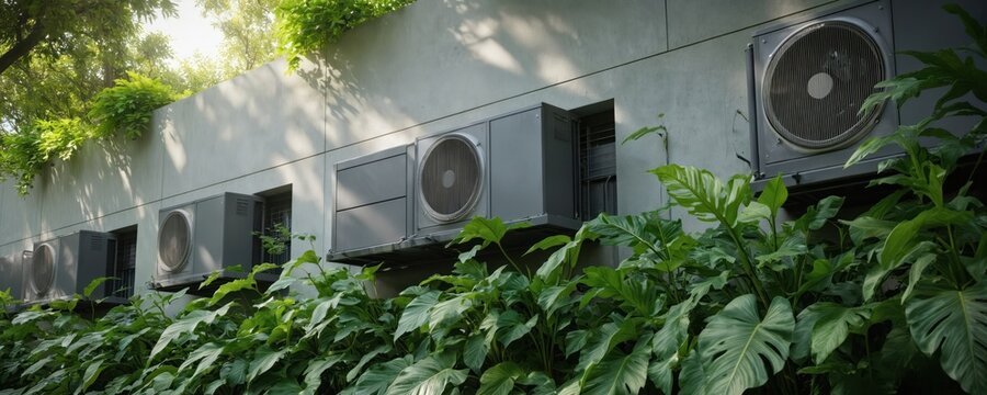 Modern air conditioning units installed on concrete wall, surrounded by rich green plants, foliage. Eco-friendly cooling systems blend technology with nature, offering sustainable climate control for - Powered by Adobe