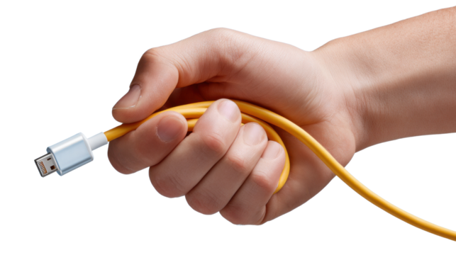 USB Cable Held in Hand: A hand grasps a vibrant yellow USB cable, showcasing the sleek design of the modern technology and connection, ready for use.